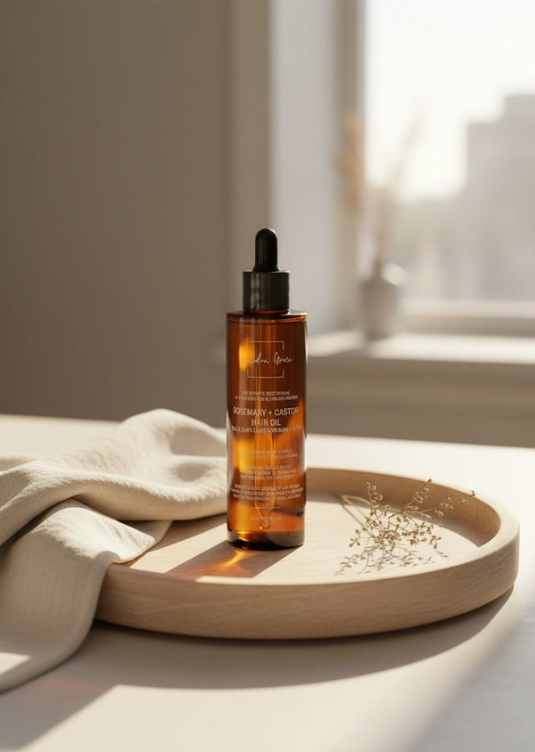 Oh Canada Gifts Canadian Grace rosemary and castor hair oil in an amber glass dropper bottle on a wooden tray.