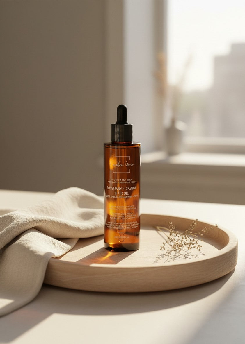 Oh Canada Gifts Canadian Grace rosemary and castor hair oil in an amber glass dropper bottle on a wooden tray.