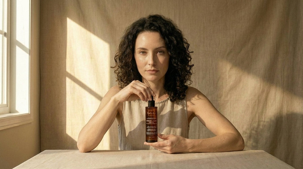 Woman holding Oh Canada Gifts Canadian Grace rosemary and castor hair oil bottle in a sunlit room