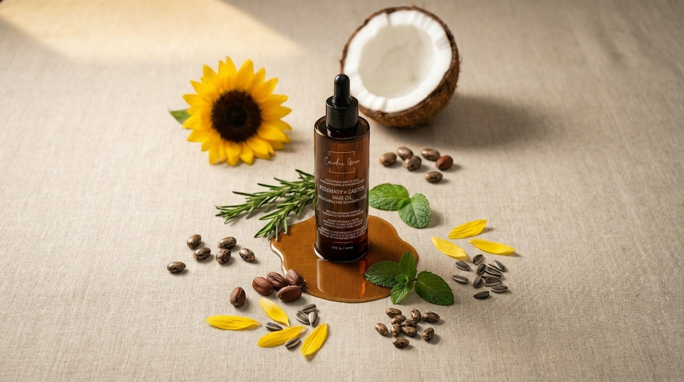 Oh Canada Gifts Canadian Grace Rosemary and Castor hair oil bottle surrounded by natural ingredients on linen fabric.