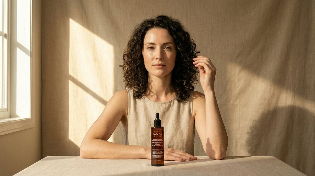 Woman with curly hair sitting at a table with a bottle of Oh Canada Gifts Canadian Grace rosemary castor hair oil