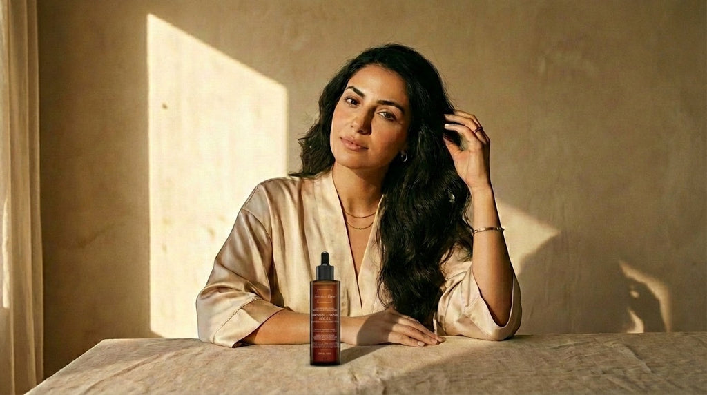 Oh Canada Gifts Canadian Grace rosemary and castor hair oil bottle on a table with a woman in a silk robe