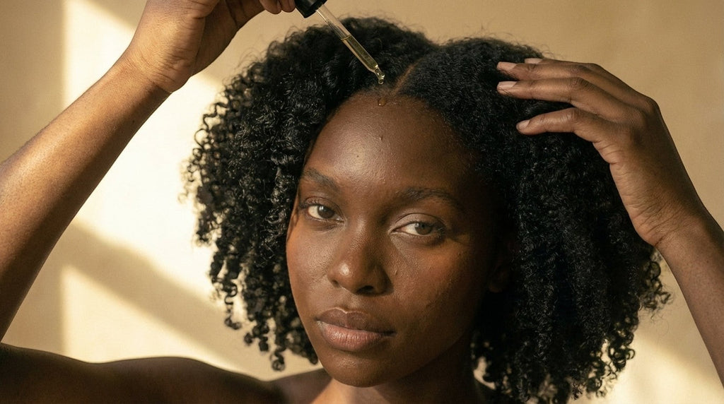 Oh Canada Gifts Canadian Grace rosemary and castor hair oil being applied with a dropper to a woman's scalp.