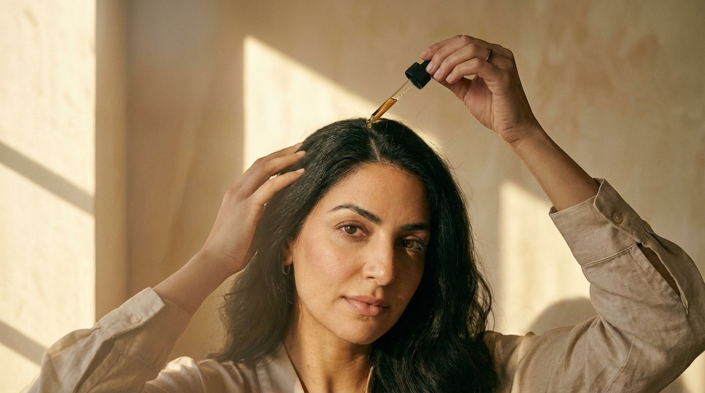 Oh Canada Gifts Canadian Grace rosemary and castor hair oil being applied to a woman's scalp with a glass dropper