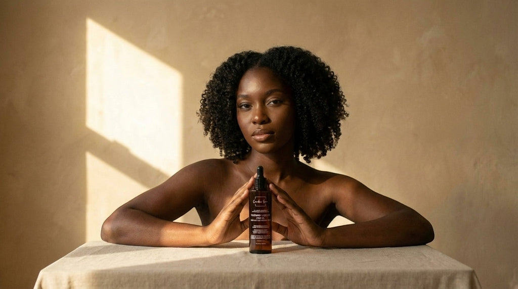 A woman holding a bottle of Canadian Grace Rosemary + Castor Hair Oil in a warm, sunlit studio setting.