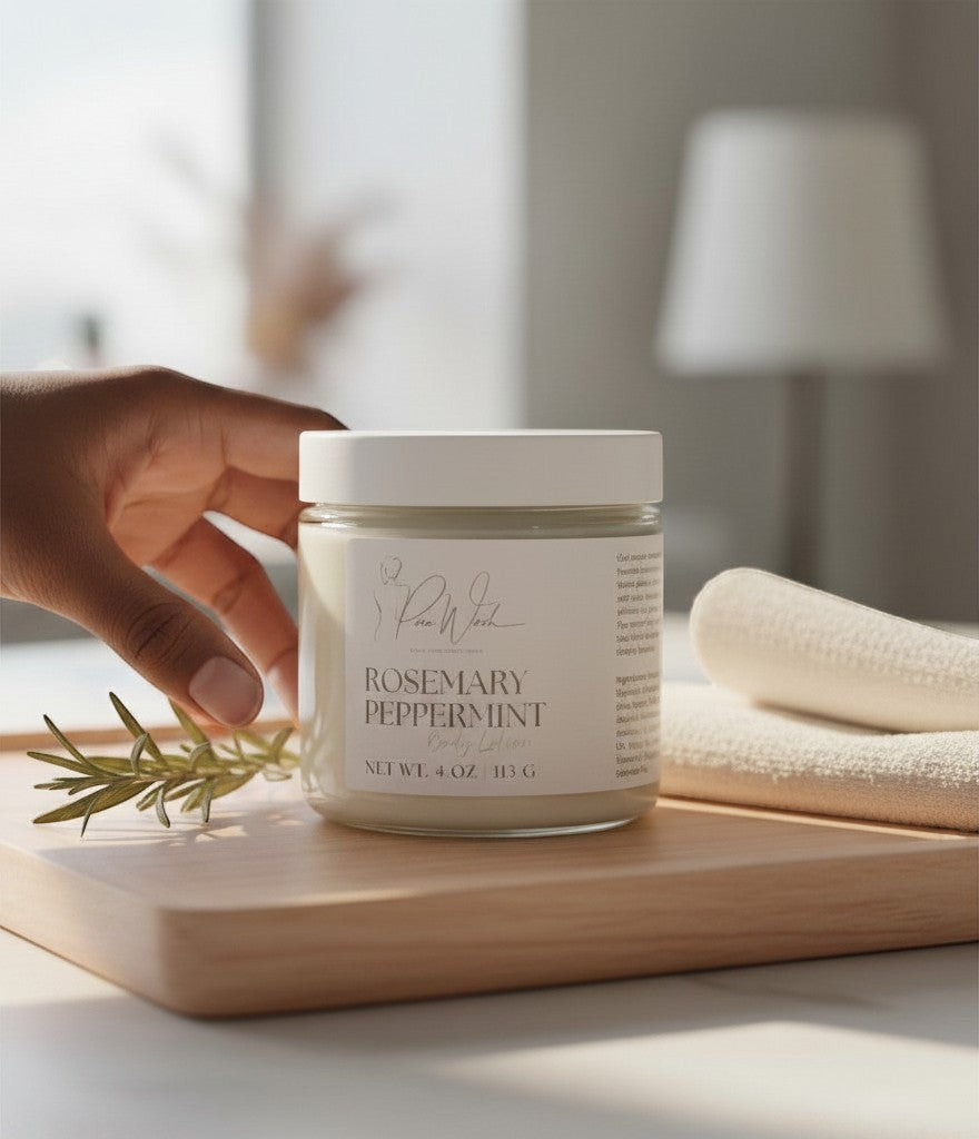 Oh Canada Gifts Rosemary Peppermint body lotion in a glass jar held by a hand on a wooden tray with a towel.
