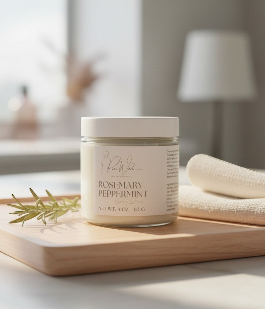 Oh Canada Gifts rosemary peppermint body lotion in a glass jar on a wooden tray with a sprig of rosemary and towel.
