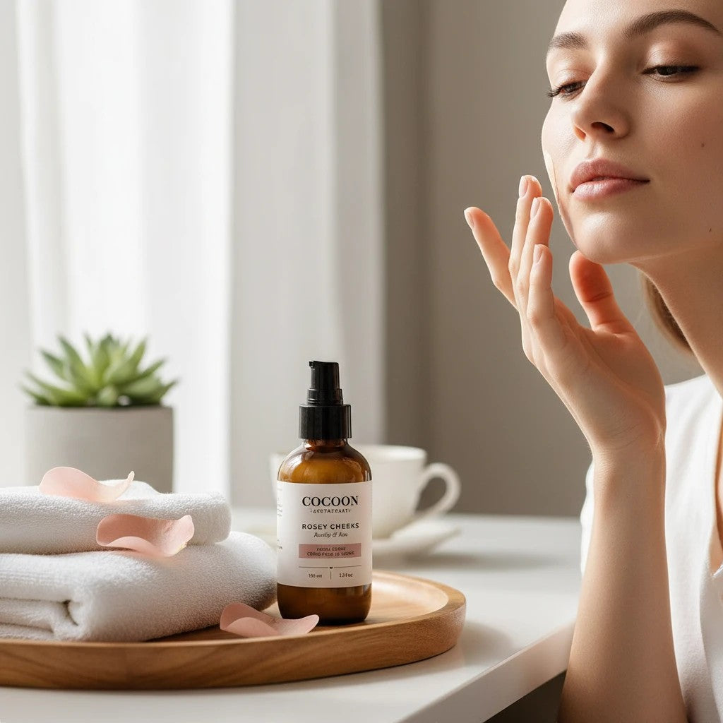 Oh Canada Gifts Rosey Cheeks facial cream bottle on a wooden tray with white towels and rose petals near a woman.