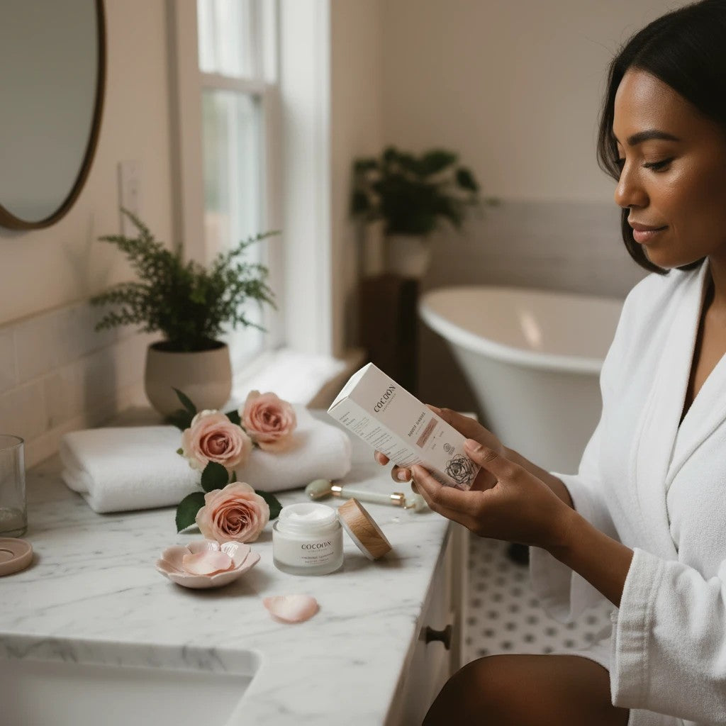 Oh Canada Gifts Rosey Cheeks facial cream jar and box held by a woman in a white robe in a bright bathroom setting.