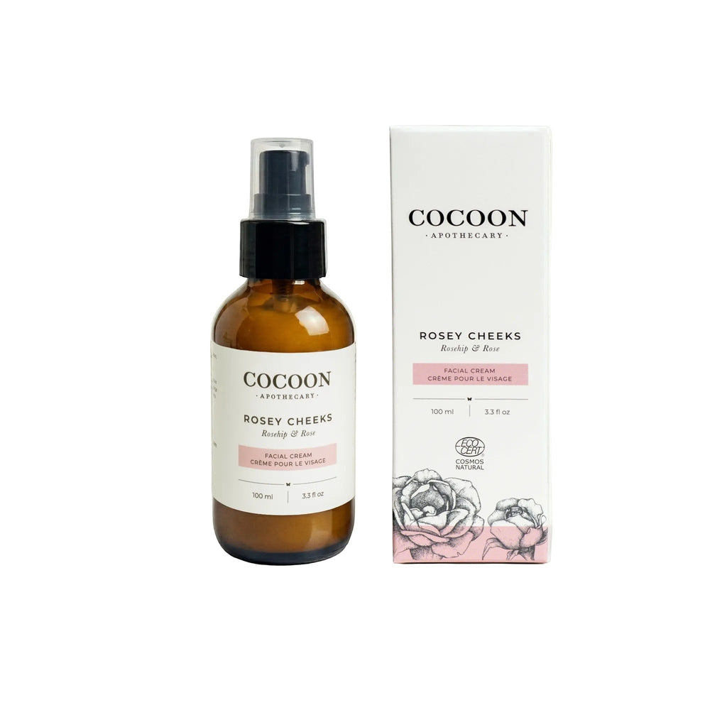 Oh Canada Gifts Cocoon Apothecary Rosey Cheeks facial cream bottle and box with rosehip and rose extract.