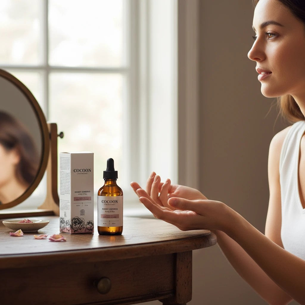 Oh Canada Gifts Rosey Cheeks facial oil bottle and box on a vanity with a woman applying the serum in a bright room