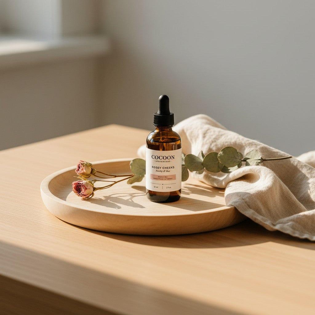 Oh Canada Gifts Rosey Cheeks facial oil in an amber glass dropper bottle on a wooden tray with dried rose and eucalyptus
