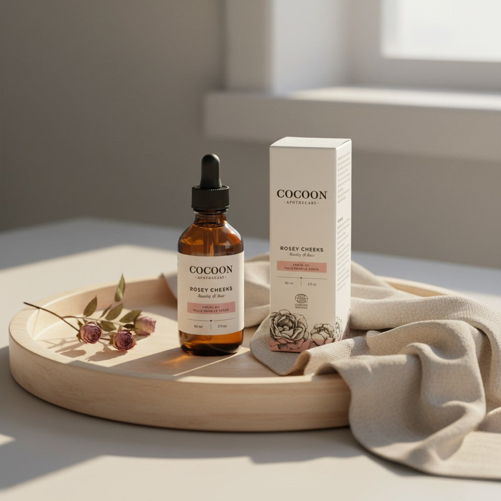 Oh Canada Gifts Rosey Cheeks facial oil bottle and box on a wooden tray with dried roses for dry and sensitive skin.