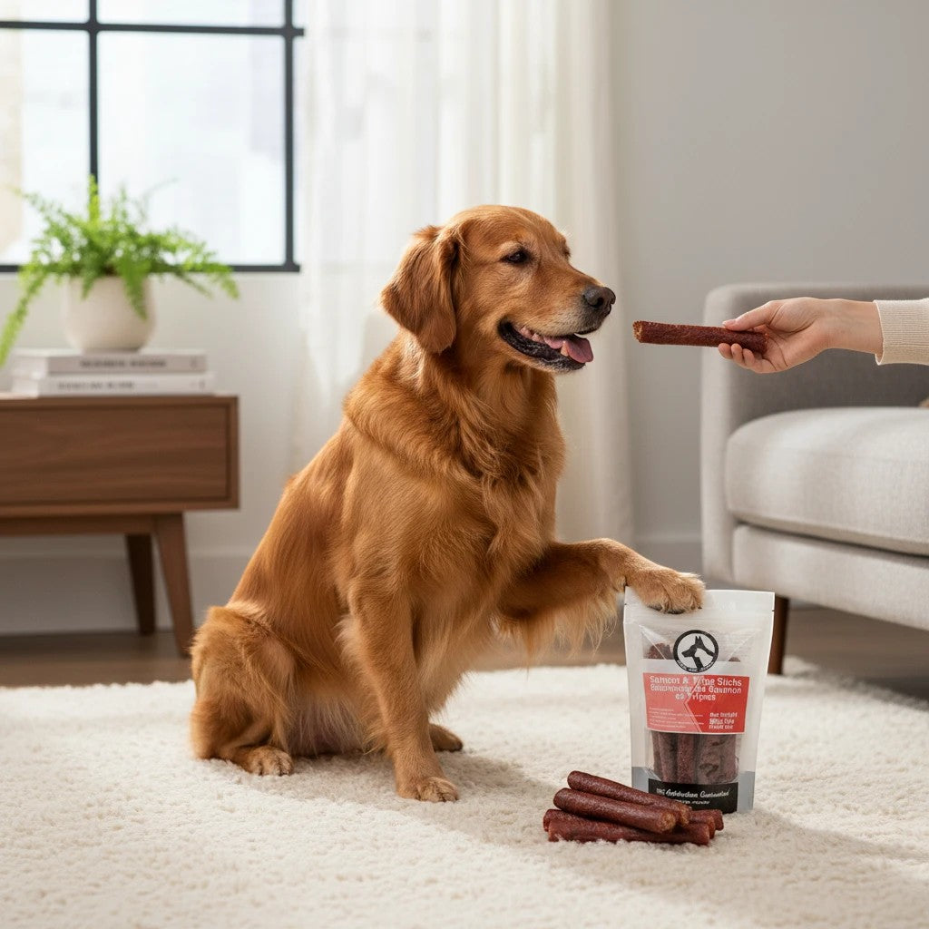 Golden Retriever sitting on a rug, pawing at a bag of Oh Canada Gifts Salmon & Beef Tripe Sticks while being fed one.