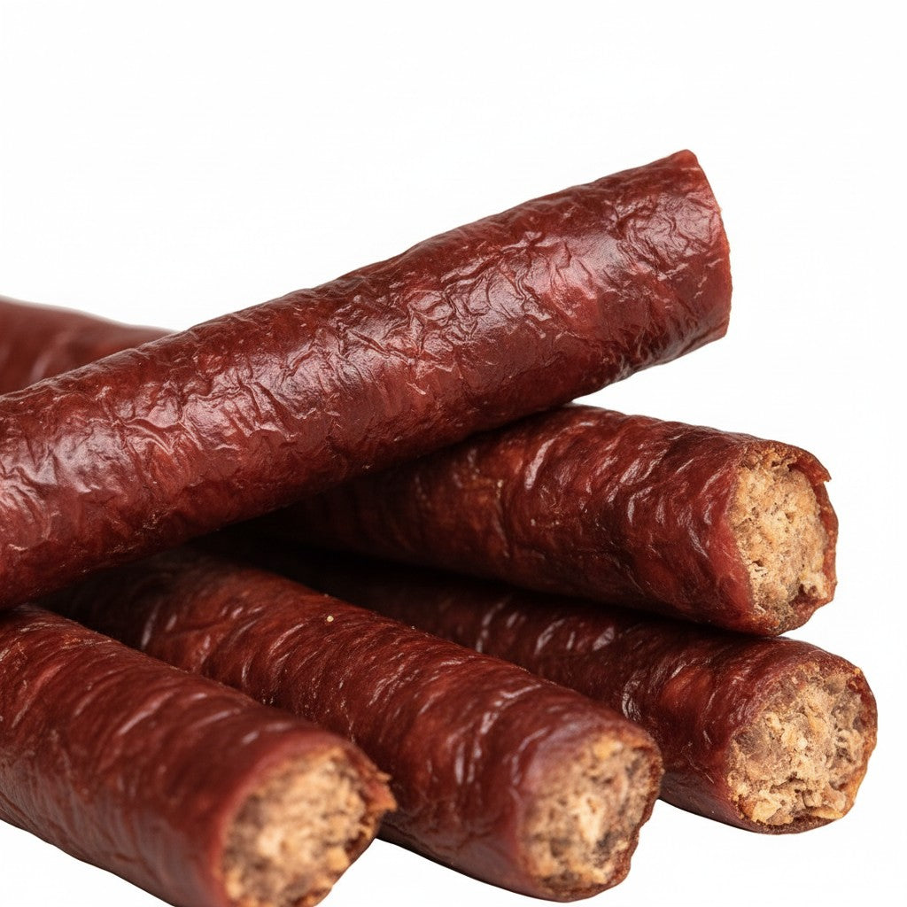 Oh Canada Gifts air-dried salmon and beef tripe dog chew sticks with a textured dark brown surface