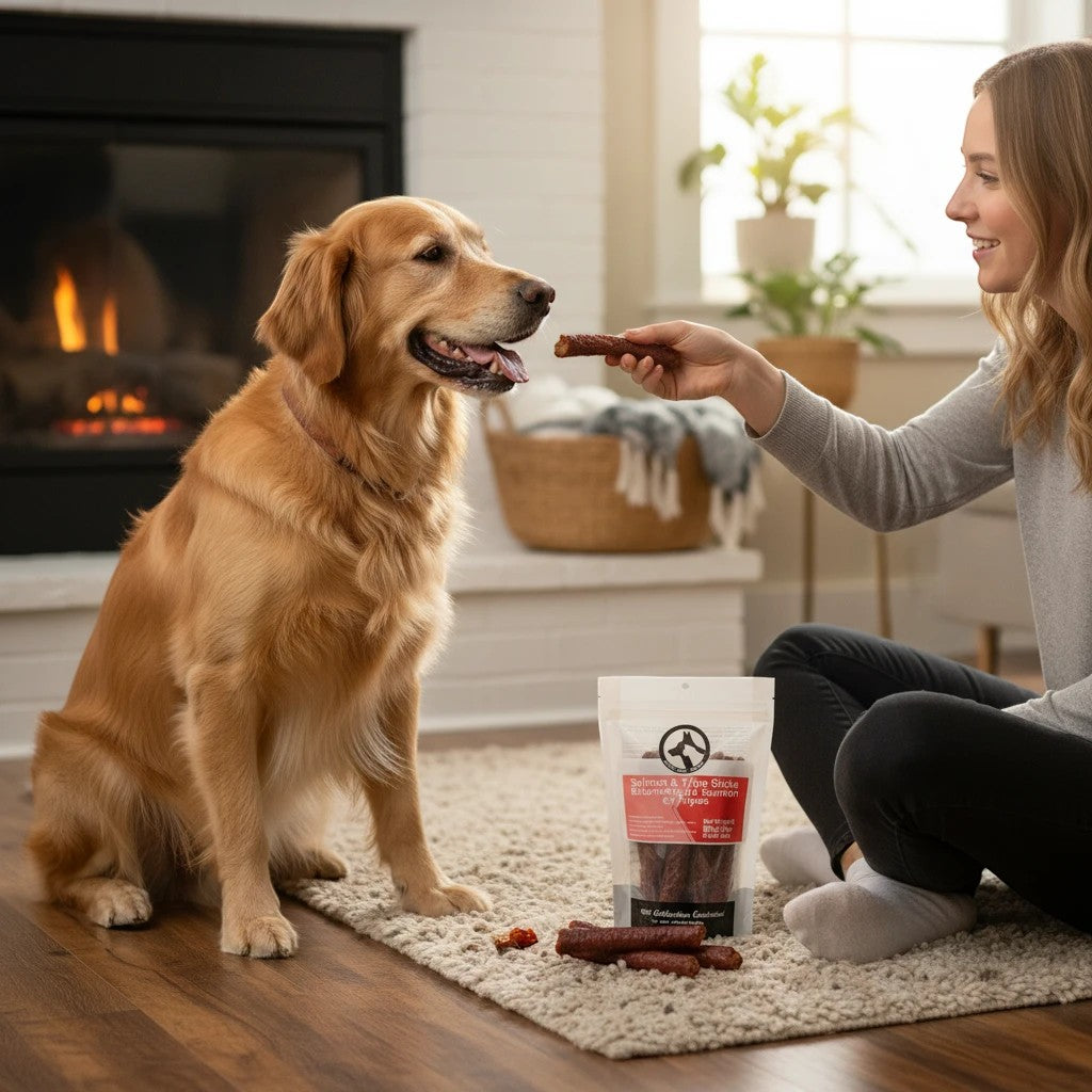 Oh Canada Gifts salmon and beef tripe dog treat sticks being fed to a golden retriever by a woman in a cozy room.