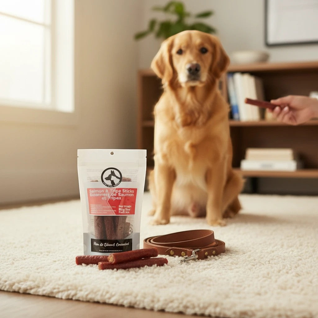 Oh Canada Gifts salmon and beef tripe dog treat sticks in a pouch with a golden retriever sitting in the background