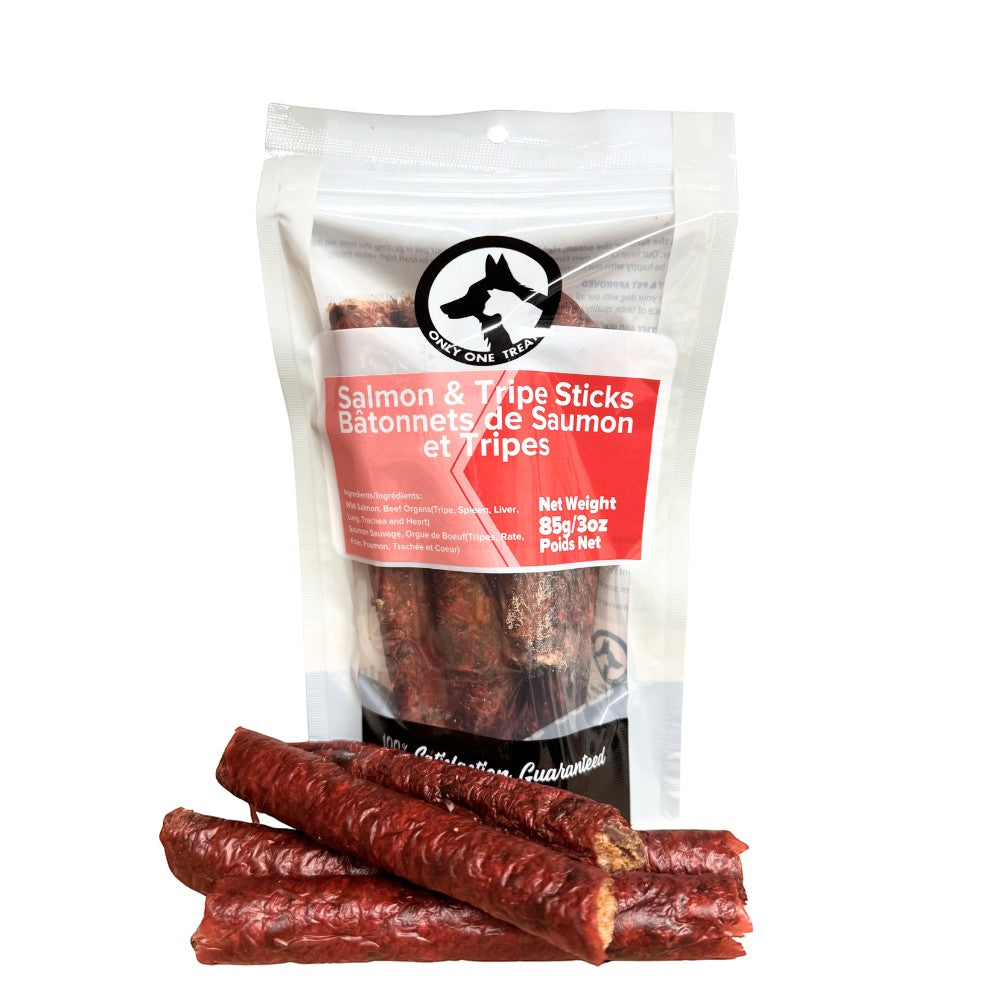 Oh Canada Gifts air-dried salmon and beef tripe dog treat sticks in a clear resealable pouch