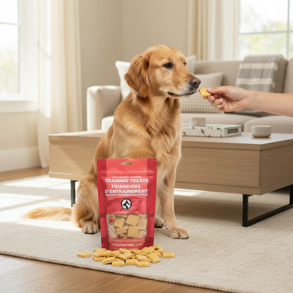 Oh Canada Gifts soft wild Pacific salmon dog training treats in a red bag with a golden retriever receiving a reward
