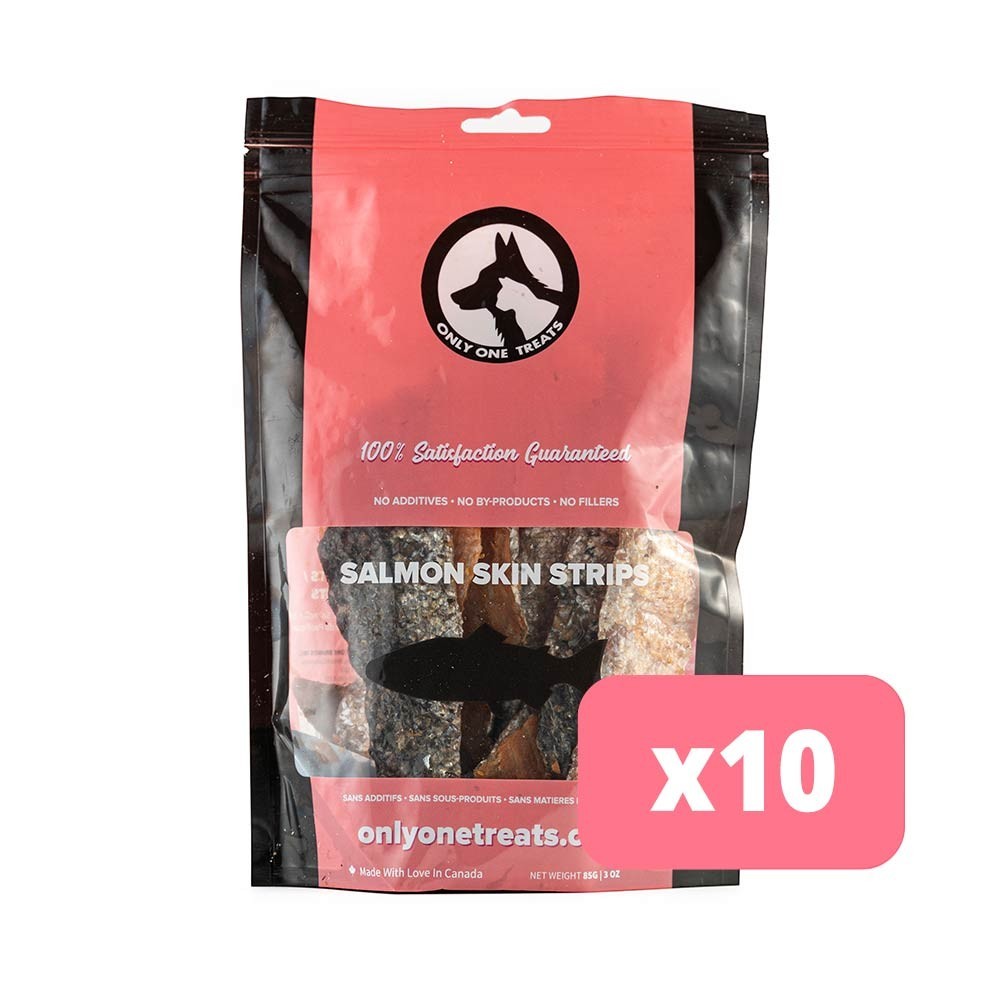 Oh Canada Gifts bulk case of 10 bags of natural dried salmon skin dog treat strips in pink and black packaging