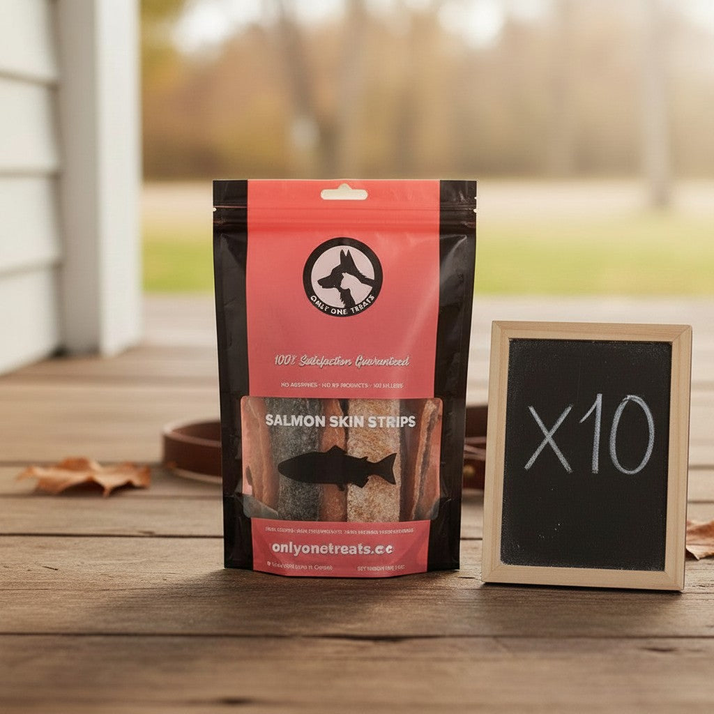Oh Canada Gifts salmon skin strips dog treats in a bulk pack of ten bags on a wooden porch