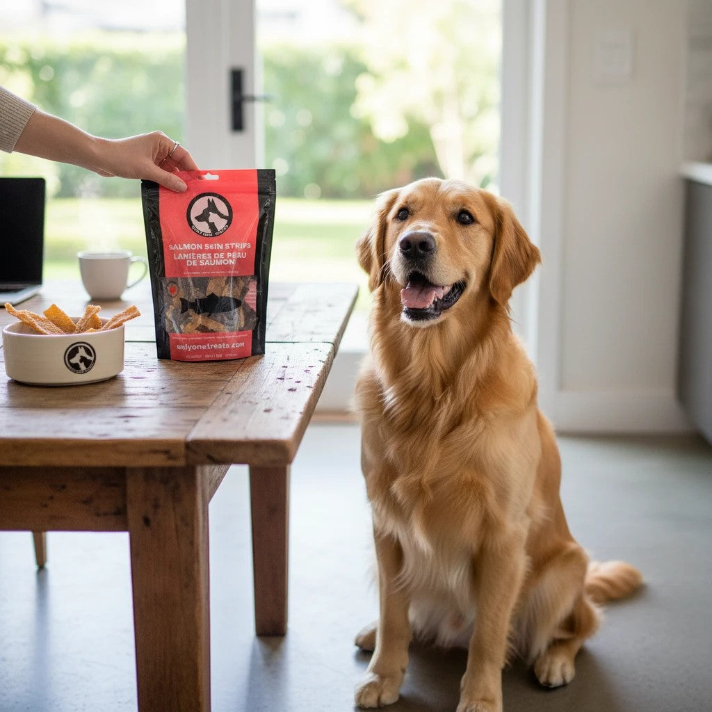 Oh Canada Gifts salmon skin strips dog treats in a red bag next to a bowl of treats with a golden retriever sitting nearby