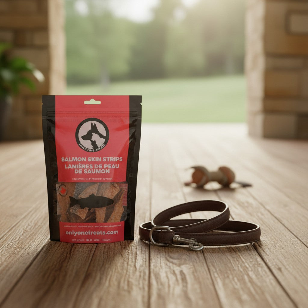 Oh Canada Gifts 85g bag of crispy dried salmon skin dog treat strips with a brown leather leash on a wooden floor.
