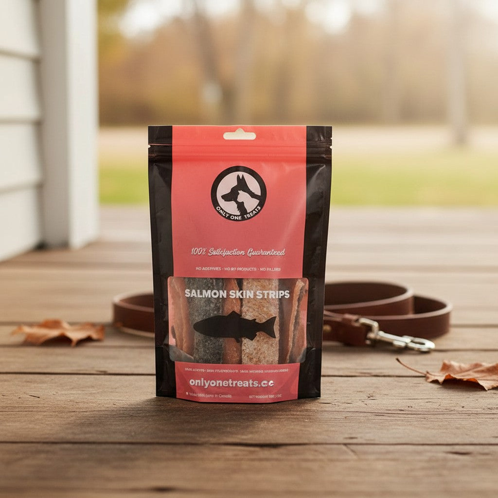 Oh Canada Gifts salmon skin strips dog treat bag on a wooden porch with a leash in the background.