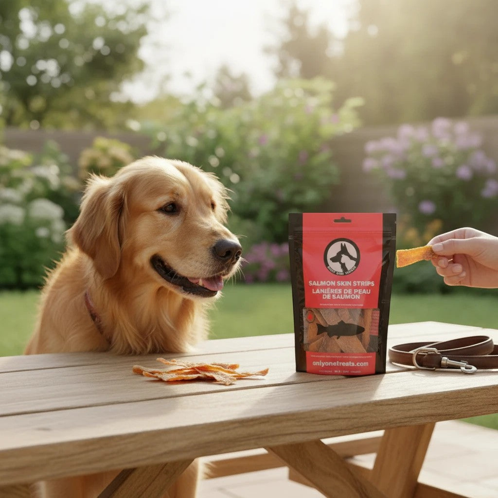 Oh Canada Gifts salmon skin strips dog treat bag on a wooden table with a golden retriever waiting for a snack