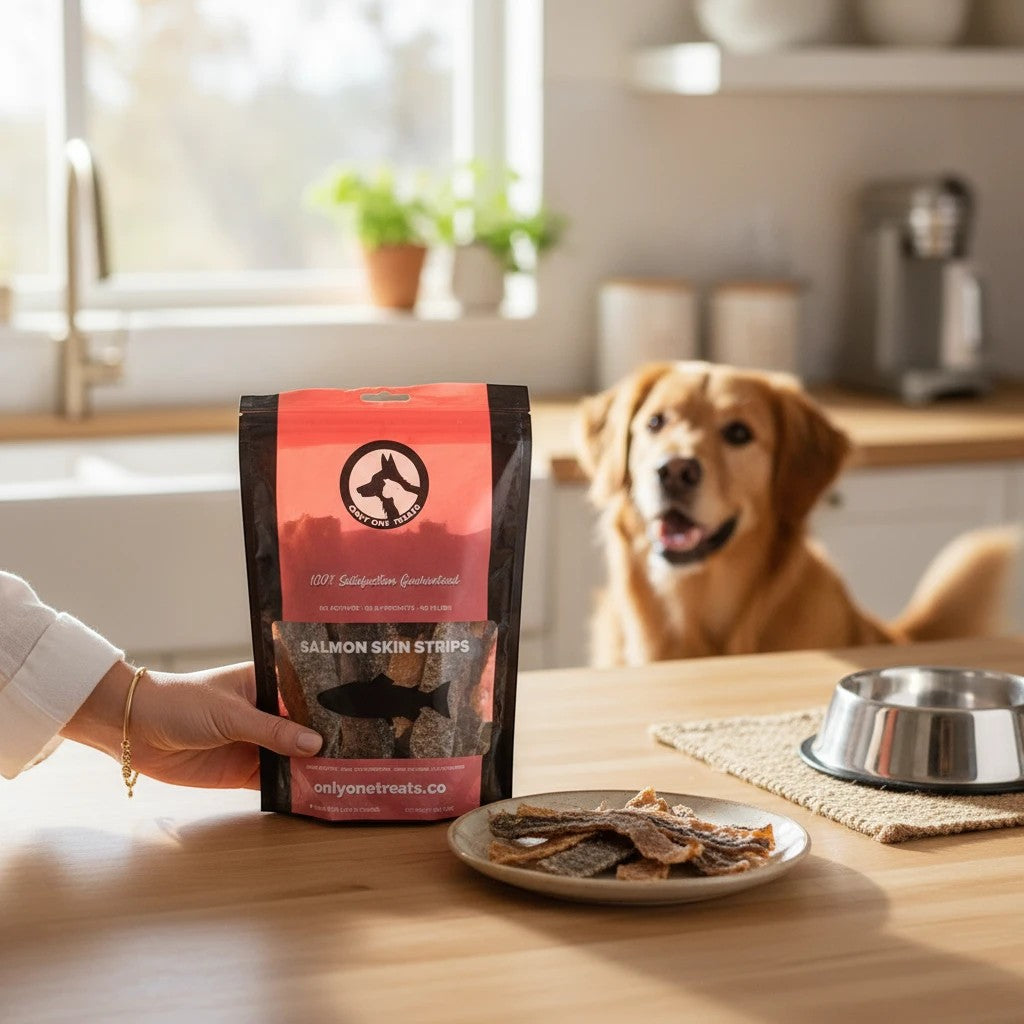Oh Canada Gifts salmon skin strips dog treat bag held by hand with a plate of dried fish snacks and a dog in background
