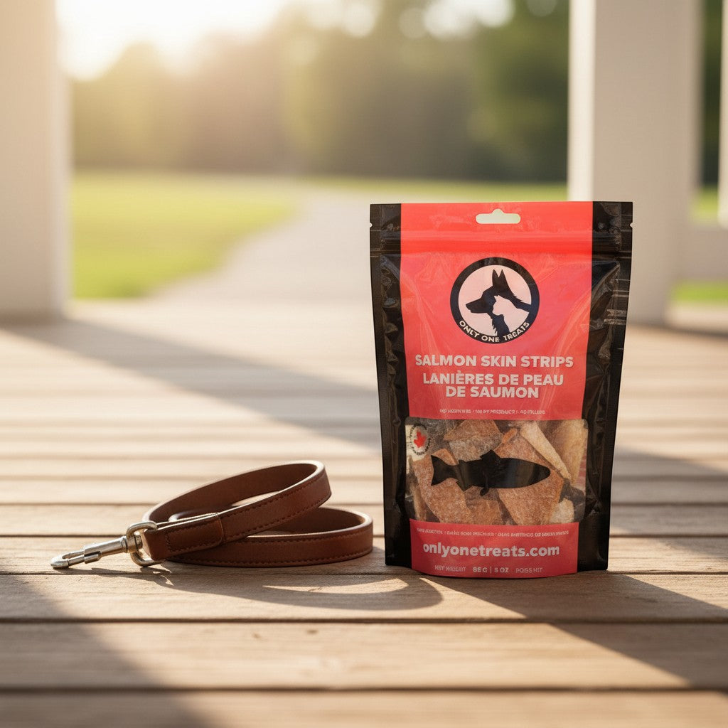 Oh Canada Gifts salmon skin strips dog treat bag with a brown leather leash on a wooden porch