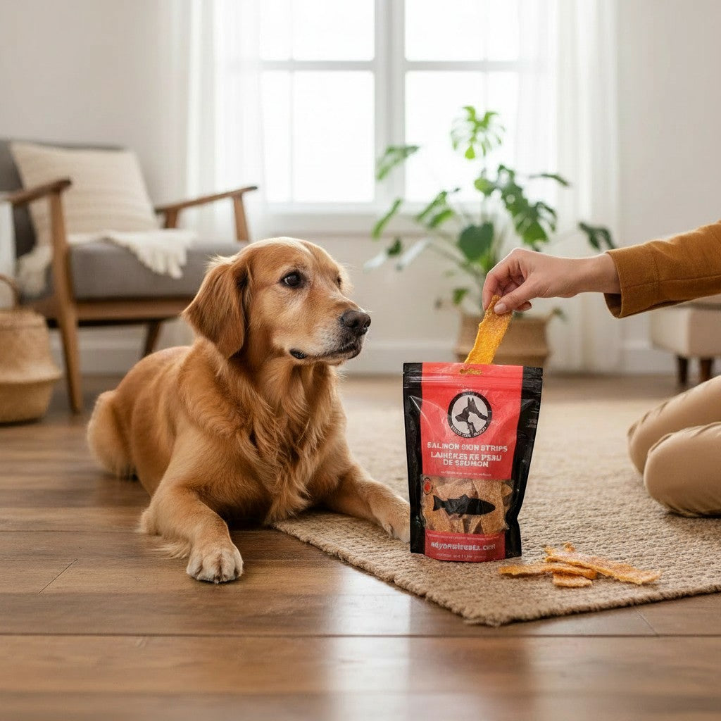 Oh Canada Gifts salmon skin strips dog treat bag being held by a person next to a golden retriever on a rug