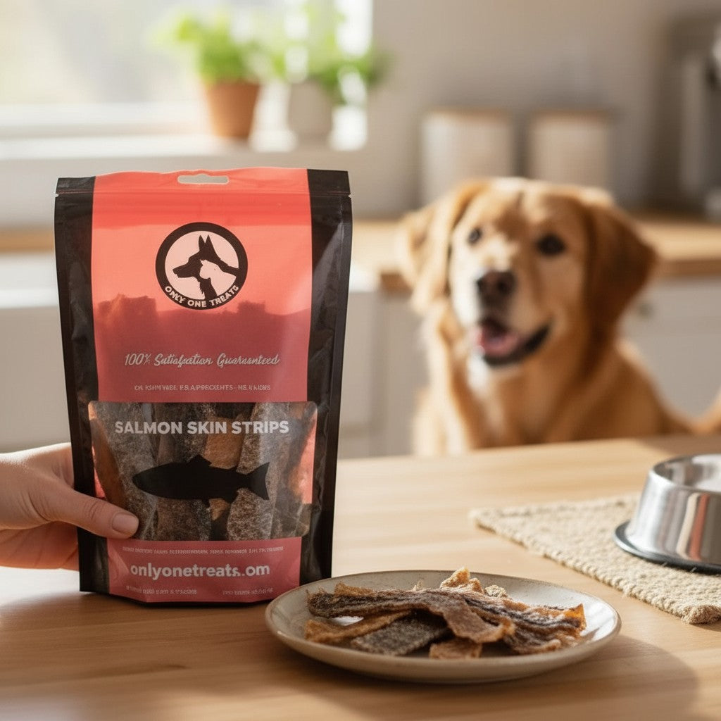 Oh Canada Gifts salmon skin strips dog treat bag held by hand with dried fish strips on a plate and a dog in background