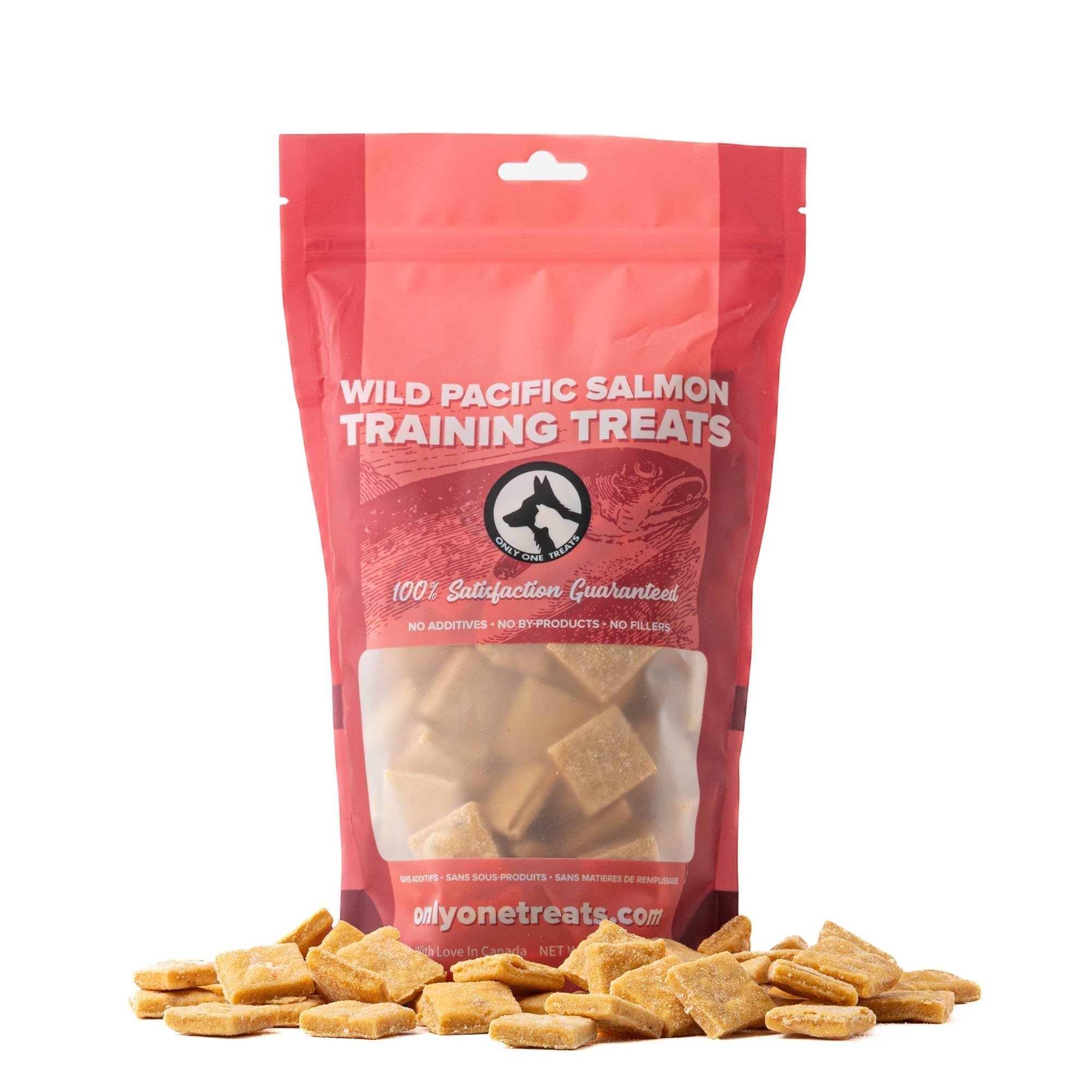 Oh Canada Gifts Wild Pacific Salmon soft training treats in a red resealable bag with square biscuit pieces.