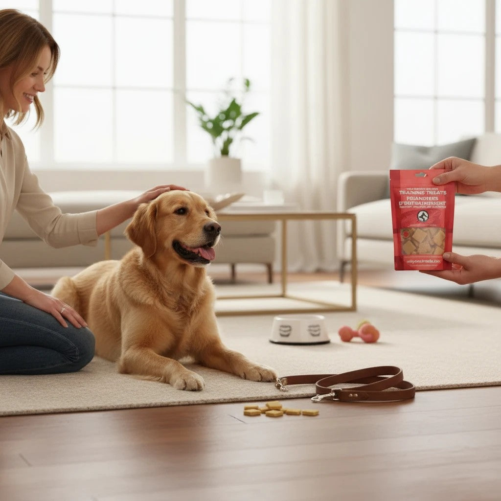 Oh Canada Gifts Wild Pacific Salmon training treats held by a person while a woman pets a golden retriever