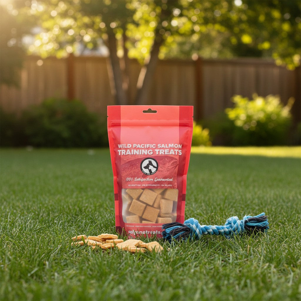 Oh Canada Gifts Wild Pacific Salmon training treats in a red bag with soft biscuit pieces and a rope toy on grass.