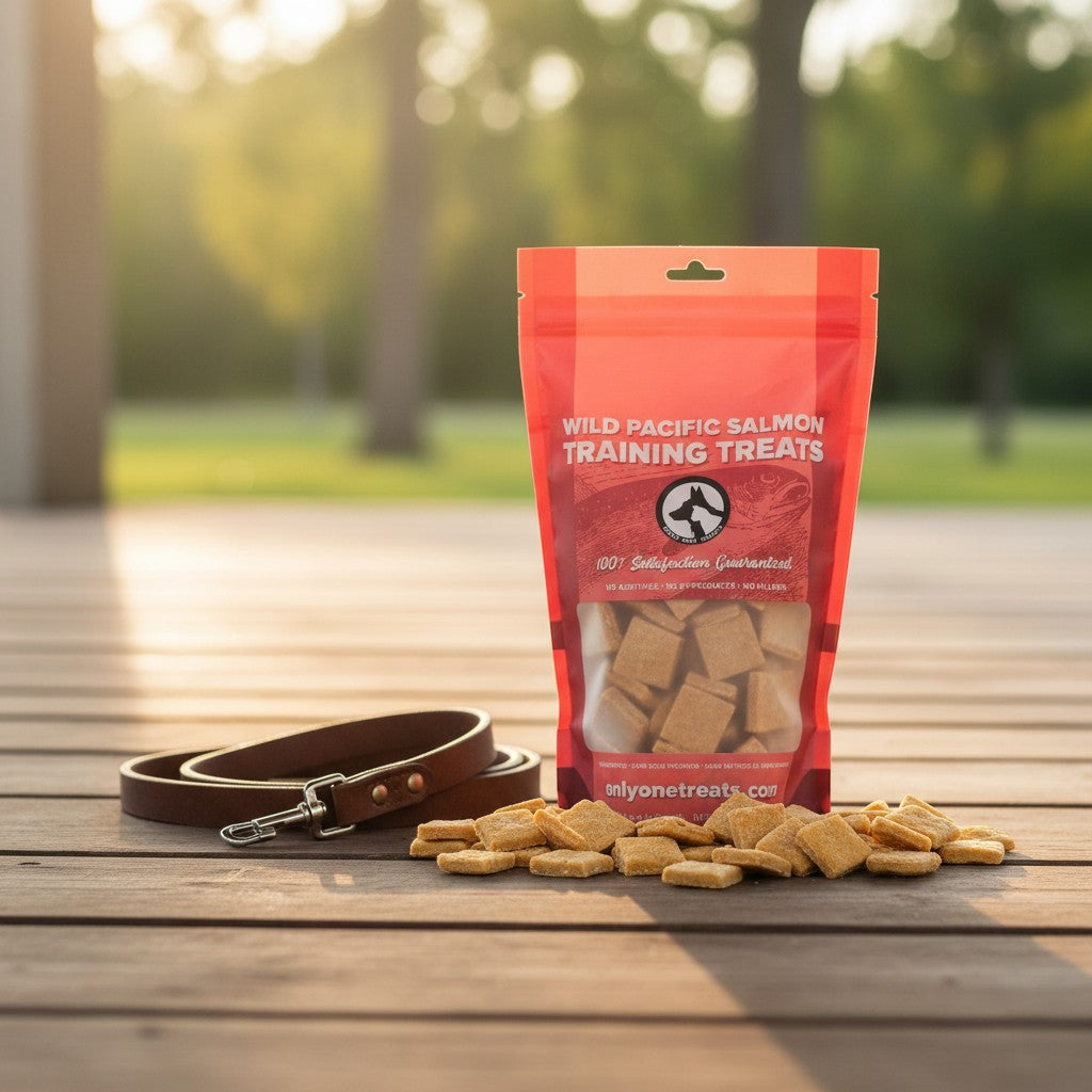 Oh Canada Gifts Wild Pacific Salmon training treats in a red bag with square biscuits on a wooden deck with a leash.