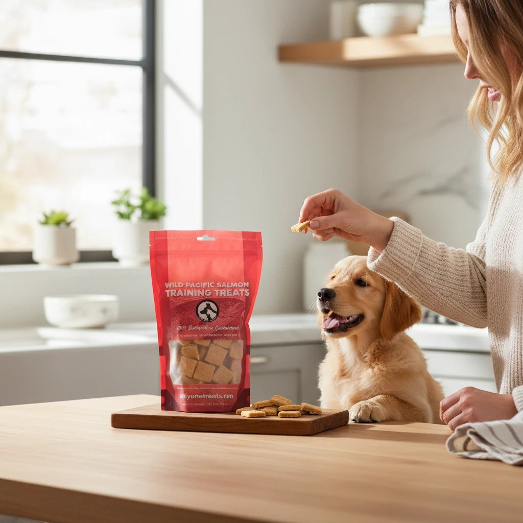 Oh Canada Gifts Wild Pacific Salmon training treats in a red bag with a golden retriever puppy waiting for a snack