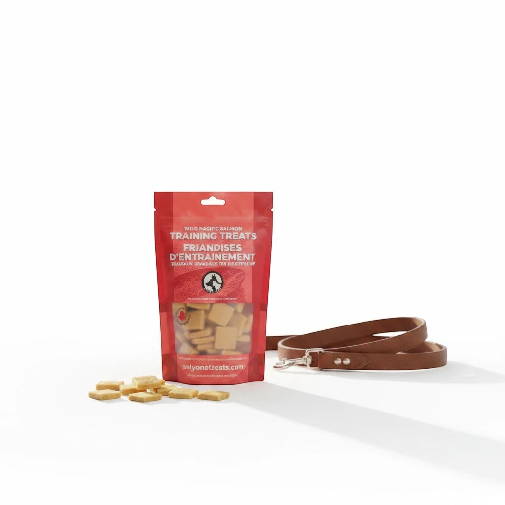 Oh Canada Gifts Wild Pacific Salmon training treats in a red pouch with a brown leather leash on a white surface.