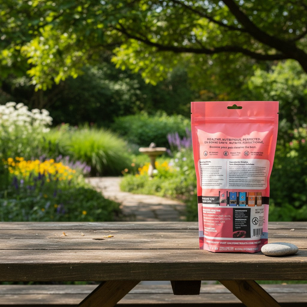 Oh Canada Gifts Wild Pacific Salmon training treats in a pink pouch on a wooden table in a lush garden setting.