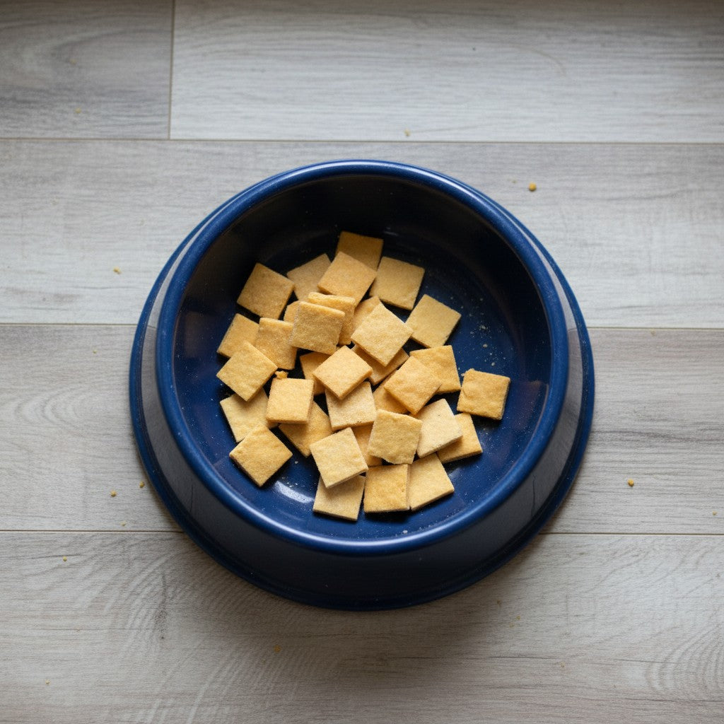 Oh Canada Gifts soft square salmon training treats for pets in a blue bowl on a wooden floor.