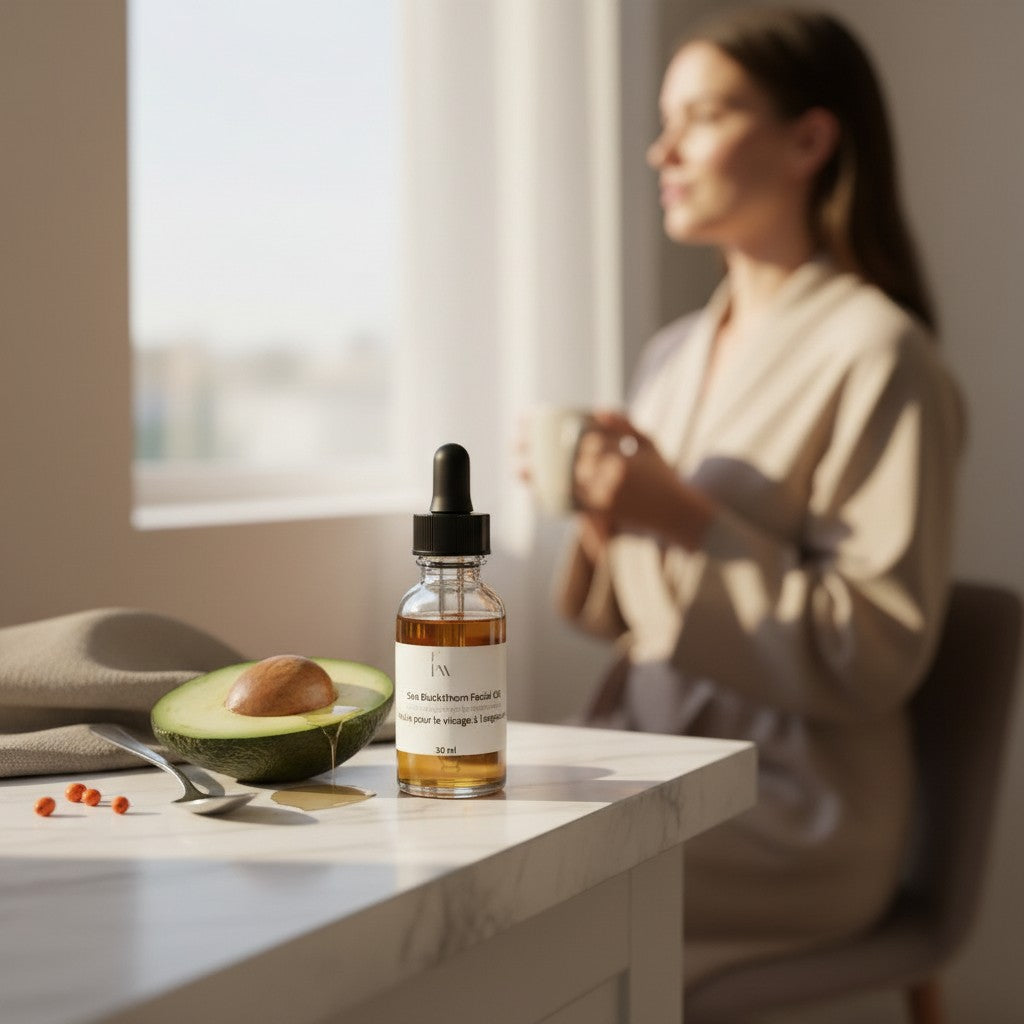 Oh Canada Gifts Sea Buckthorn Facial Oil in a glass dropper bottle next to a halved avocado on a marble table.