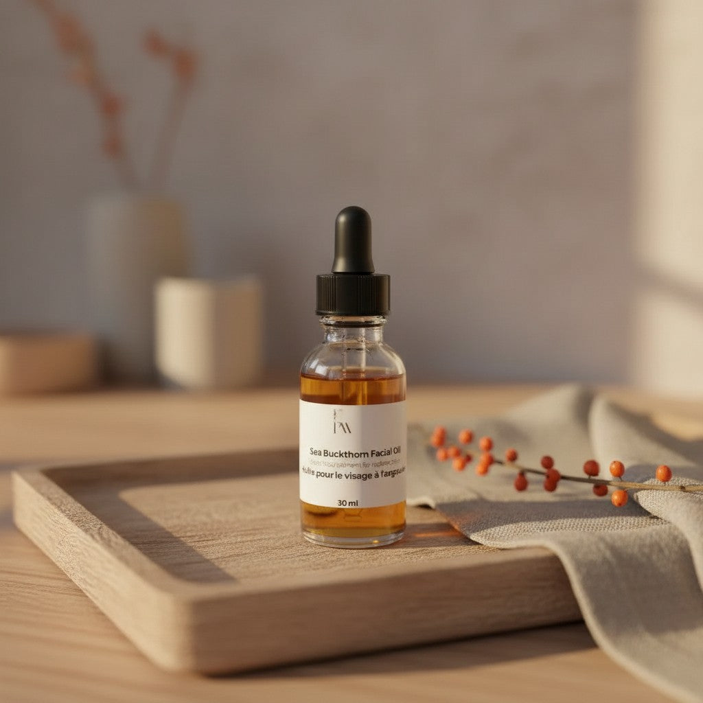 Oh Canada Gifts Sea Buckthorn Facial Oil in a 30ml glass dropper bottle on a wooden tray with a sprig of berries.