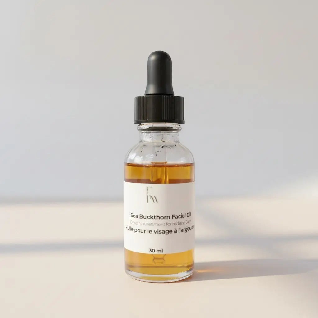 Oh Canada Gifts Sea Buckthorn Facial Oil in a 30ml glass dropper bottle for sensitive and rosacea-prone skin.