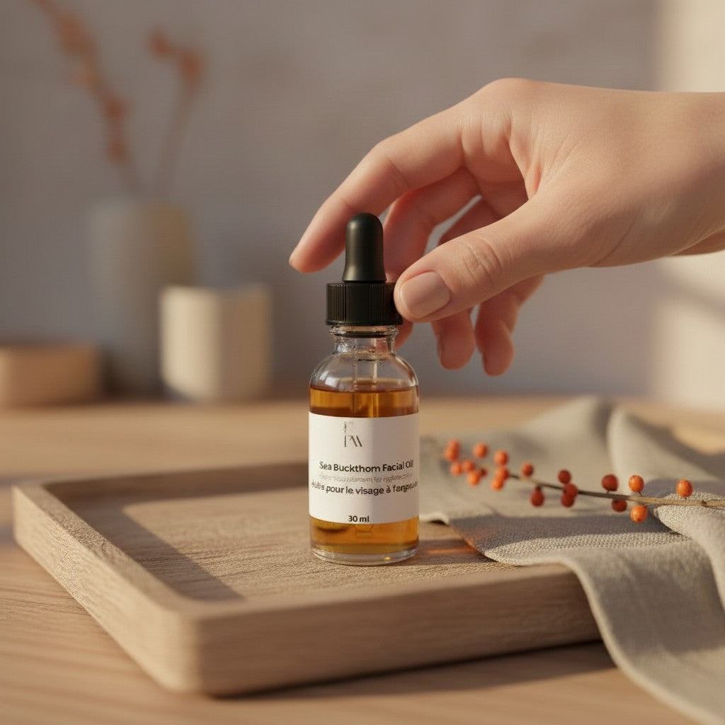 Oh Canada Gifts Sea Buckthorn Facial Oil in a 30ml glass dropper bottle on a wooden tray with a sprig of berries.