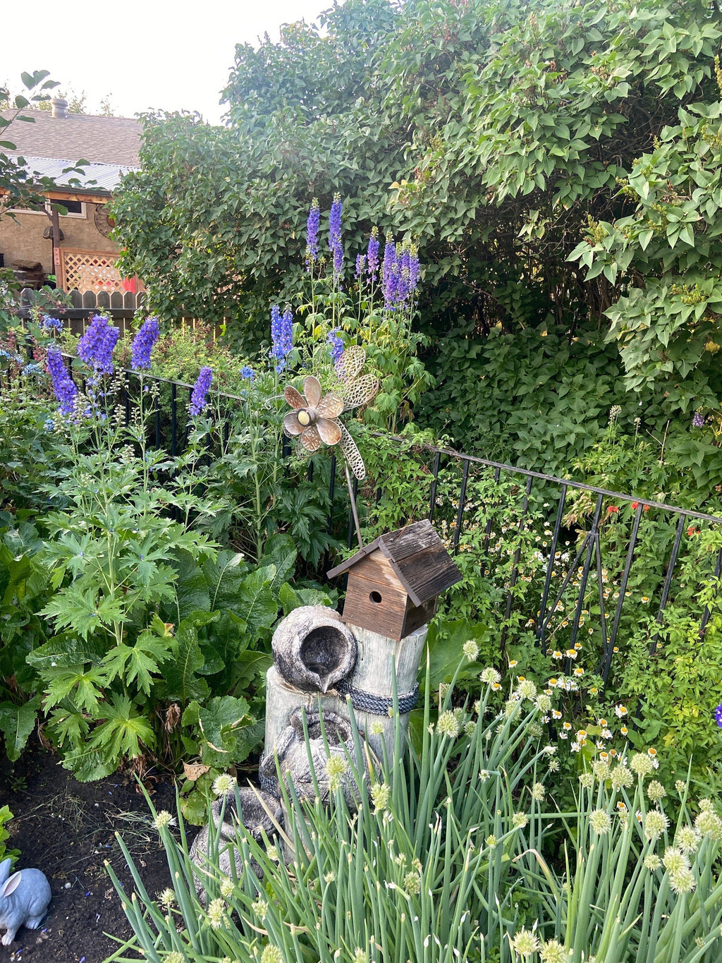 Oh Canada Gifts DIY seed bomb kit ingredients planted in a lush garden with purple delphiniums and a birdhouse