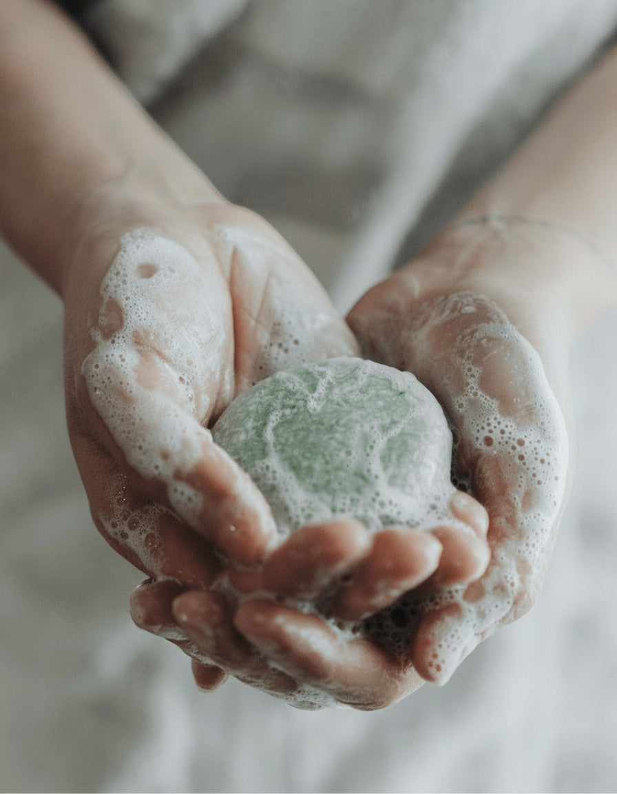 Oh Canada Gifts zero-waste shampoo bar held in hands with rich lather for a sustainable hair care routine