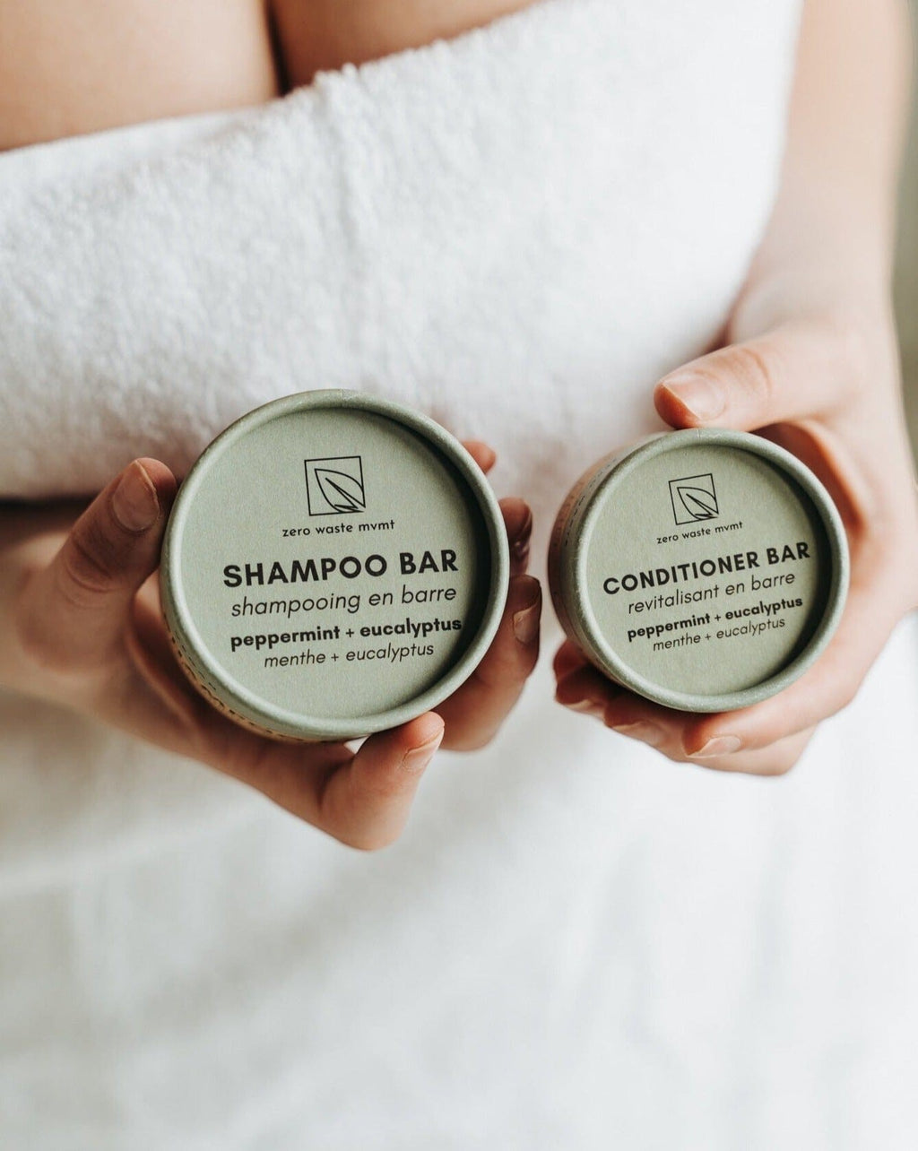 Oh Canada Gifts zero-waste peppermint and eucalyptus shampoo and conditioner bars in round cardboard packaging