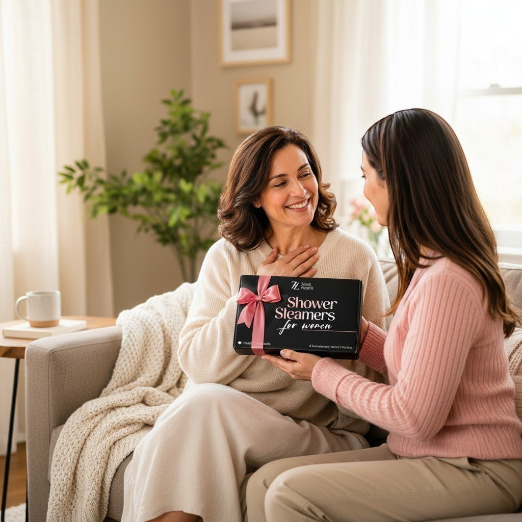 Oh Canada Gifts Zen & Hearth shower steamer gift set being presented by one woman to another in a cozy living room.