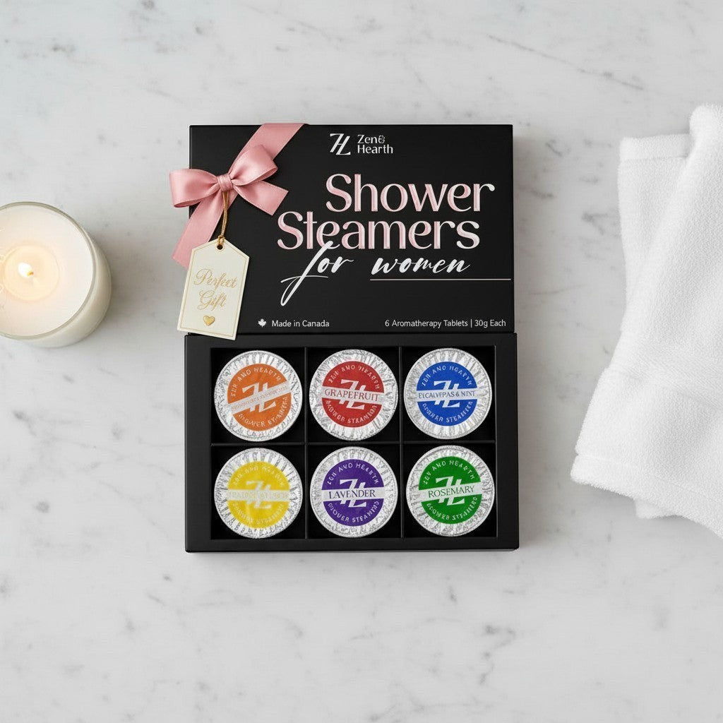Oh Canada Gifts Zen & Hearth shower steamer gift set with six aromatherapy tablets in a black box with a pink bow.